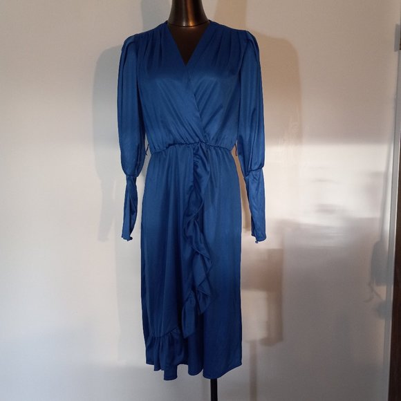 ruffled wrap dress, blouson sleeves, vintage from late 70s-80s, made in Canada - Picture 1 of 16